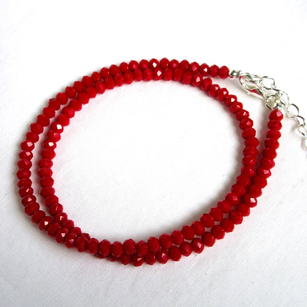 Red opaque choker, tiny faceted red rondelles, adjustable 16 inch necklace, 882