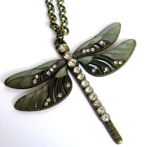 Brass rhinestone dragonfly on 30&quot; brass chain, 2&quot; pendant, 2.5&quot; wingspan, 341