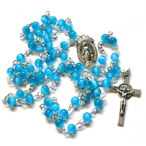 Blue Catholic rosary, blue cat&#39;s eye beads, traditional 5 decade religious gift, 801