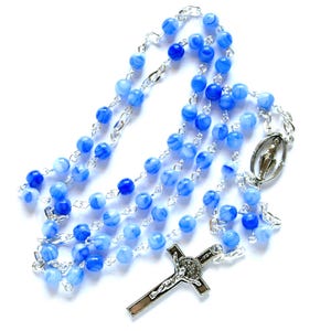 Blue Catholic rosary, swirled glass beads, hand linked rosary necklace, 439