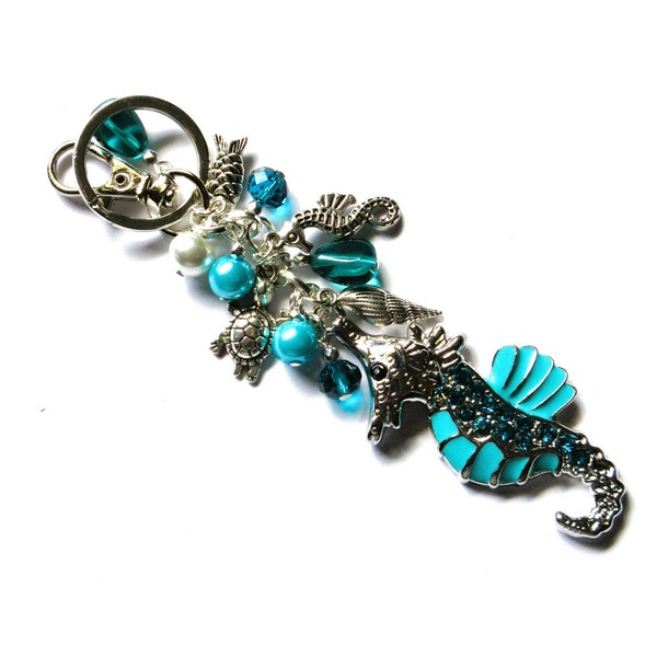 Sea horse keychain or purse clip with 4 additional sea life charms, 5" long, 260