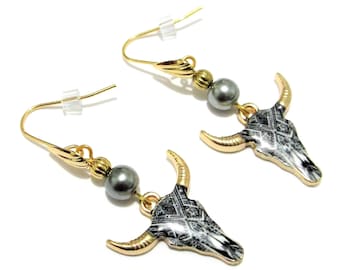 Gray bull skull earrings, gold plated horns, steer, longhorns, 1.25" long, 438