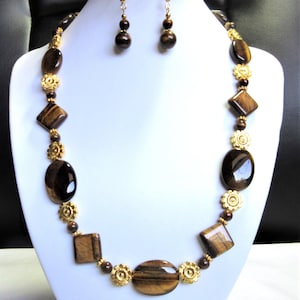 Tiger&#39;s eye gemstone jewelry set, larger beads, 20&quot; necklace, 3/4&quot; earrings, 591