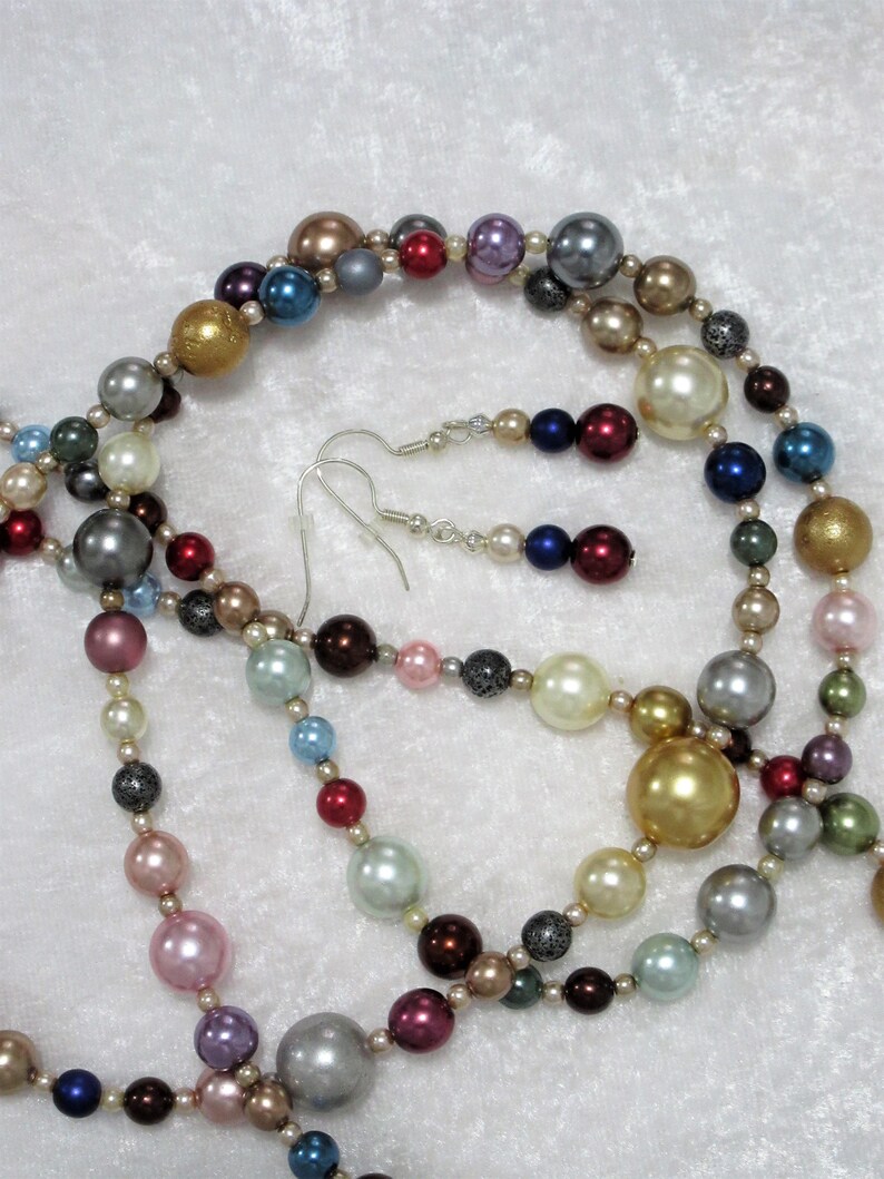 also use as wrap bracelet B-27 mixed colors 1 or 2 strands 40 pearl necklace /& 1 earrings Multicolored glass pearl jewelry set