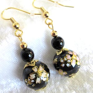 Sakura flower 1&quot; earrings, 12mm rounds, black Japanese vintage Tensha beads, 111