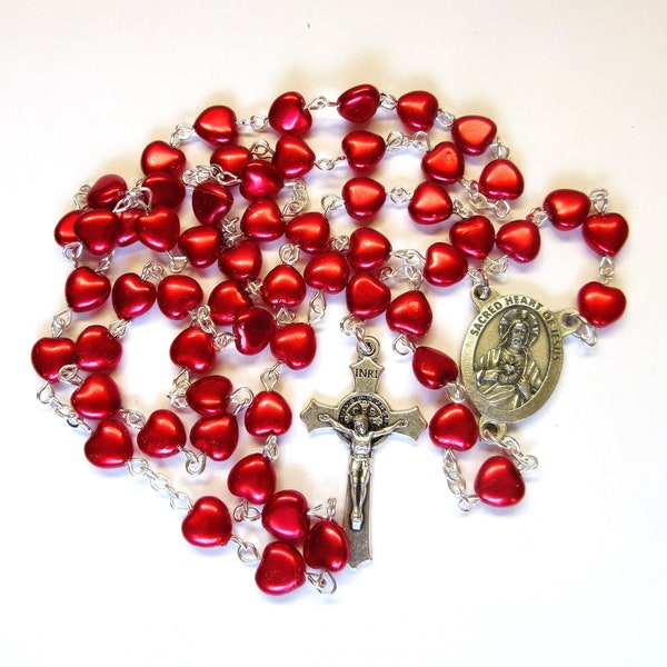 Sacred Heart Catholic rosary, 8mm red pearl glass hearts, 265