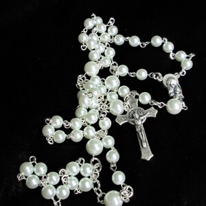 White Catholic rosary, white glass pearls, religious gift, 422