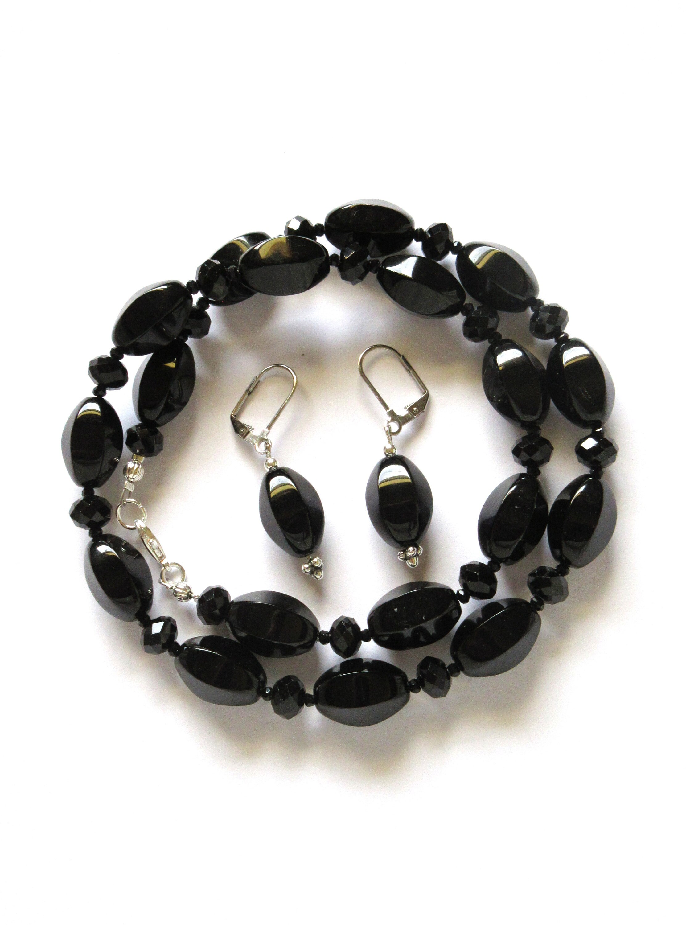 Black Stone Chunky Jewelry Set, 21 Necklace, 1 Stainless