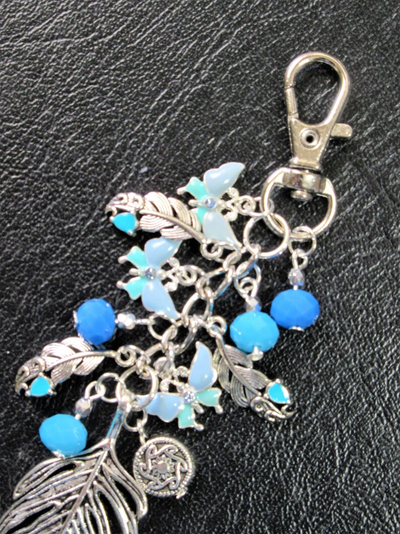 Feathers and Butterfly Keychain, Purse Dangle, Bag Charm, Blue and ...