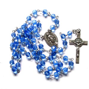 Light blue crystal Catholic rosary, stainless steel links, Celestial crystals, rosary necklace, prayer beads, 339