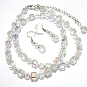 Clear beaded jewelry set, AB glass cubes and crystals, 18&quot; necklace, 3/4&quot; earrings, 186