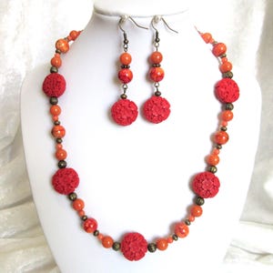 Coral and red-orange jewelry set, beaded mashan jade, 18&quot; necklace, 2&quot; earrings, 126