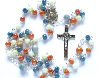 Catholic rosary, mixed colors of imitation glass jade rounds, 5 decades, 617