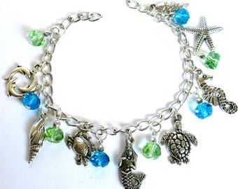 Seaside charm bracelet, ocean life, adjustable sea animal bracelet, 695