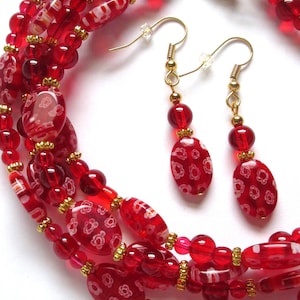 Red millefiori jewelry set, 42&quot; necklace, wear as 1 or 2strands, 1&quot; earrings, 61