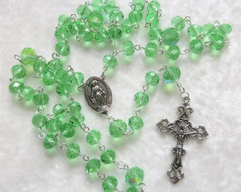 Green crystal Catholic rosary necklace, First Communion, Confirmation, 347