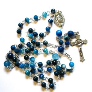 Blue Catholic rosary, striped agate gemstones, traditional 5 decade rosary, Miraculous medal, 802