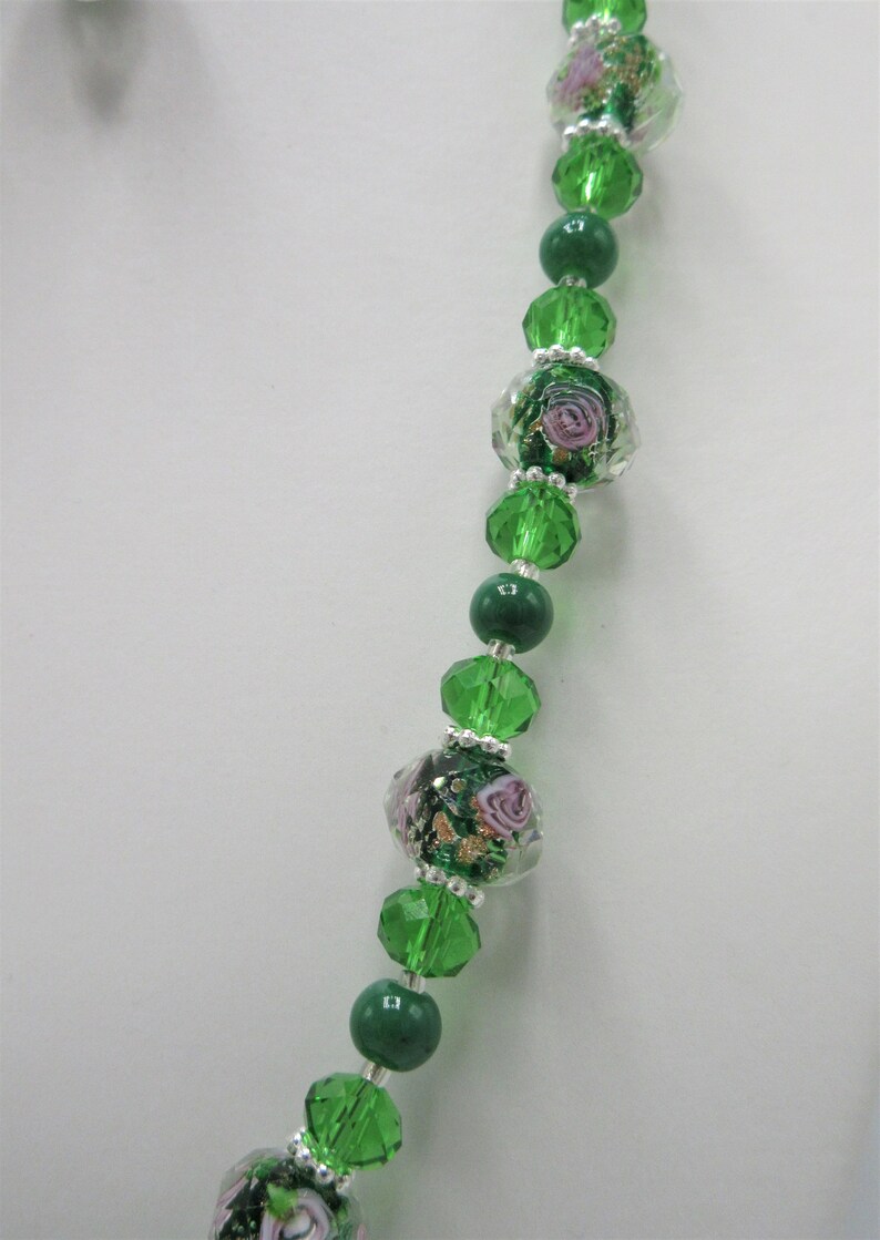 19 lampwork necklace set with 34 earrings 234 Green gold sand lampwork with solid core and green crystals jewelry set