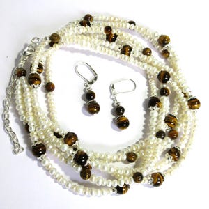 3 strand tiny cultured pearls and Tiger&#39;s eye jewelry set, 25 inch necklace, 3/4 inch earrings, 956