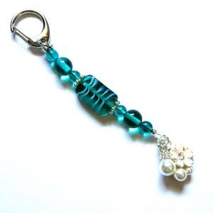 Teal bag charm, keychain, 5&quot; long silver-tone beaded bag charm, 301