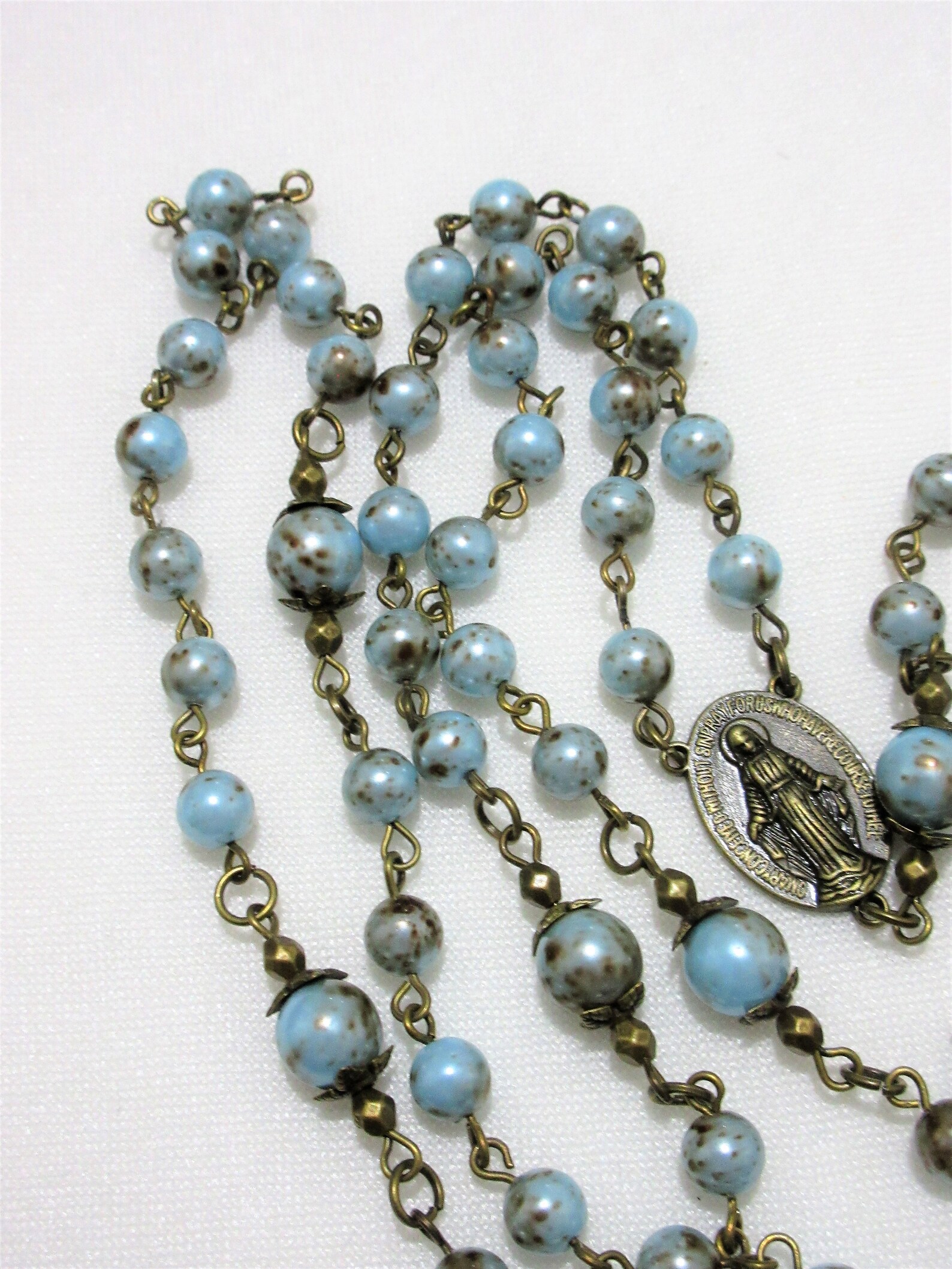 Blue Catholic rosary speckled blue and brass 5 decade Czech Etsy