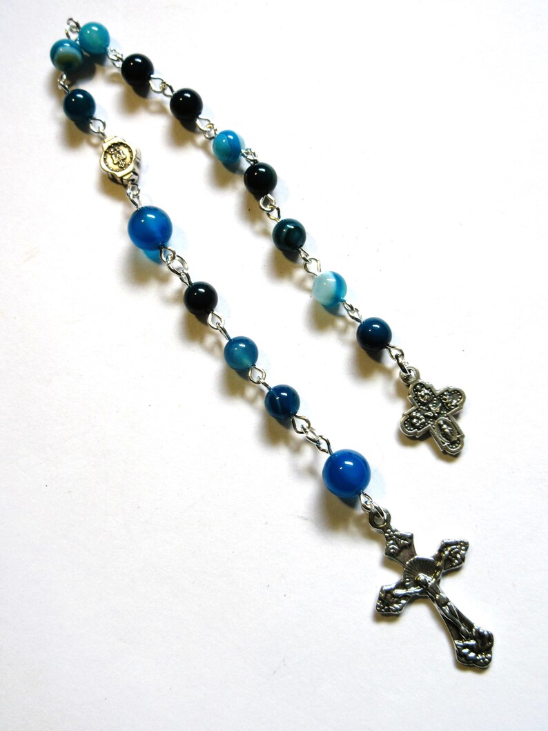 Blue Catholic Pattern Blue Catholic Pocket Rosary, Striped Agate Gemstones, 10.5 Inches Long ...
