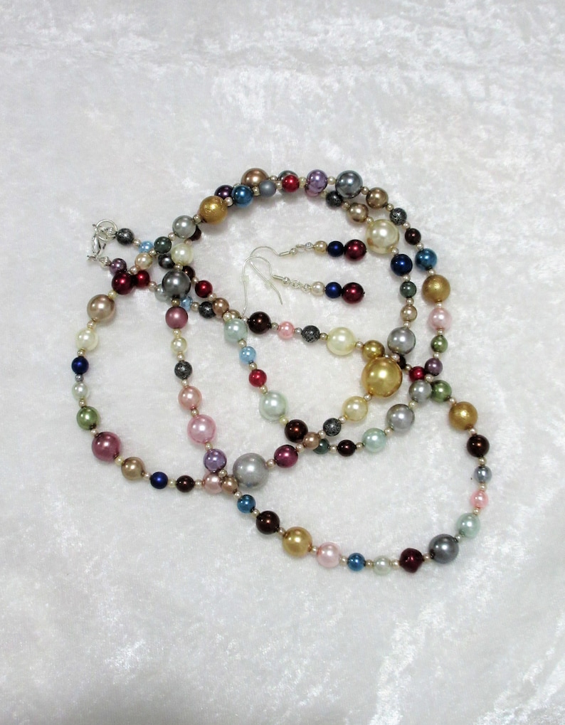 also use as wrap bracelet B-27 mixed colors 1 or 2 strands 40 pearl necklace /& 1 earrings Multicolored glass pearl jewelry set