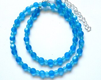 Aqua blue choker, frosted matte small beads, adjustable 16" necklace, 807