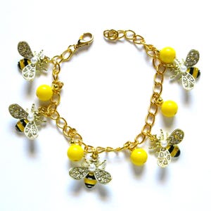 Bumble Bee charm bracelet set, adjustable 6.5&quot; to 7.5&quot;, gold plated rhinestone bees, 292