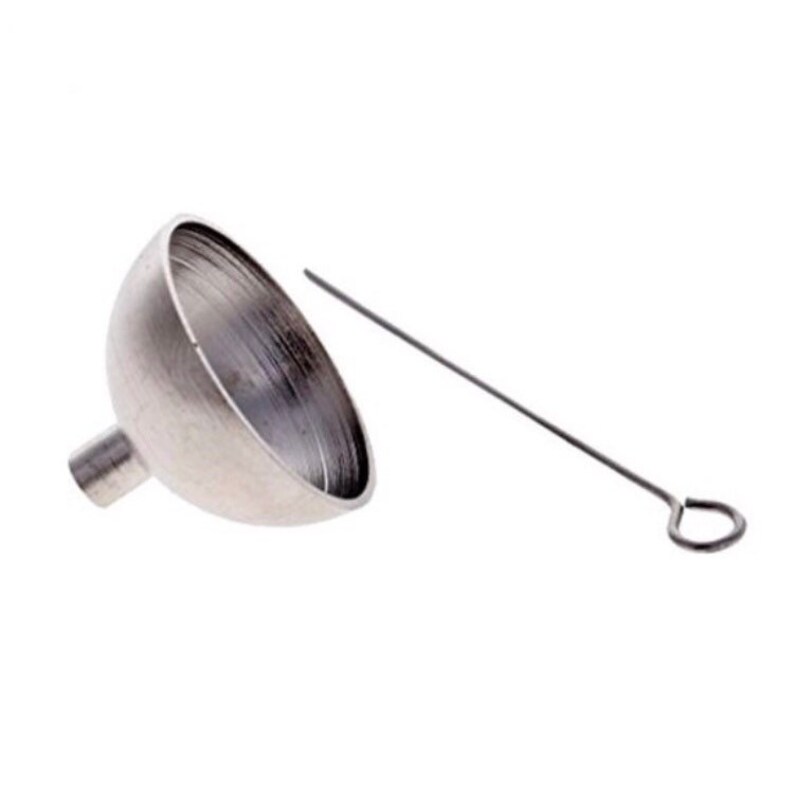 A silver metal funnel with a small spout and a long, thin, silver metal rod with a loop at the end. The funnel is small and created for cremation jewelry.