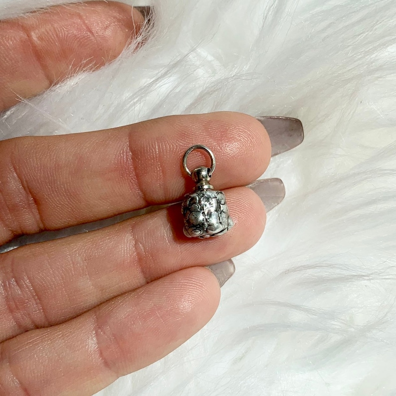 May include: A silver charm in the shape of a small bottle with a textured surface. The charm has a loop at the top for attaching to a necklace or bracelet.