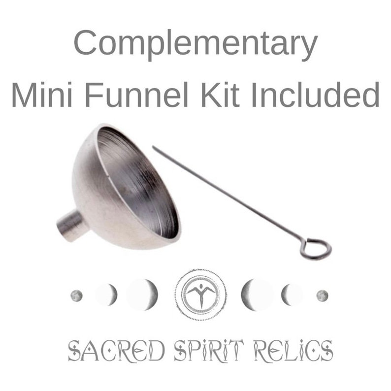 May include: A silver metal funnel with a long, thin, silver metal rod with a loop at the end. The text "Complementary Mini Funnel Kit Included" is at the top of the image. The text "SACRED SPIRIT RELICS" is at the bottom of the image.