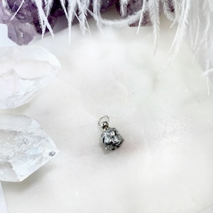 May include: A silver charm in the shape of a bell with a textured surface.