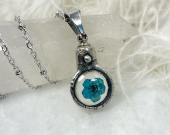 Blue Wildflower Cremation Urn Necklace: Handmade Pressed Flower Keepsake, Forget Me Not