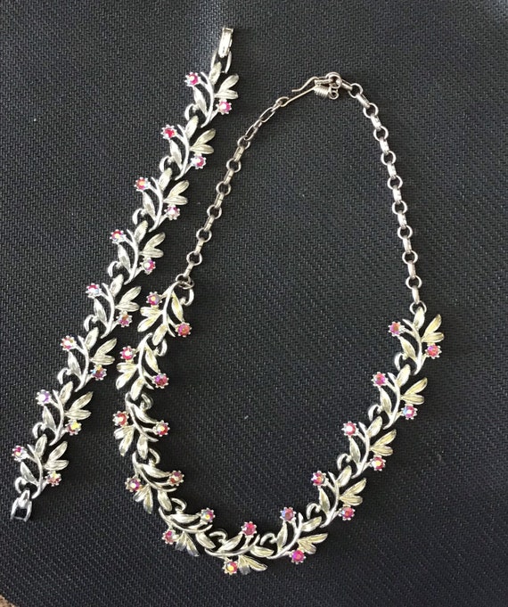 Vintage silver necklace and bracelet with pink AB… - image 3