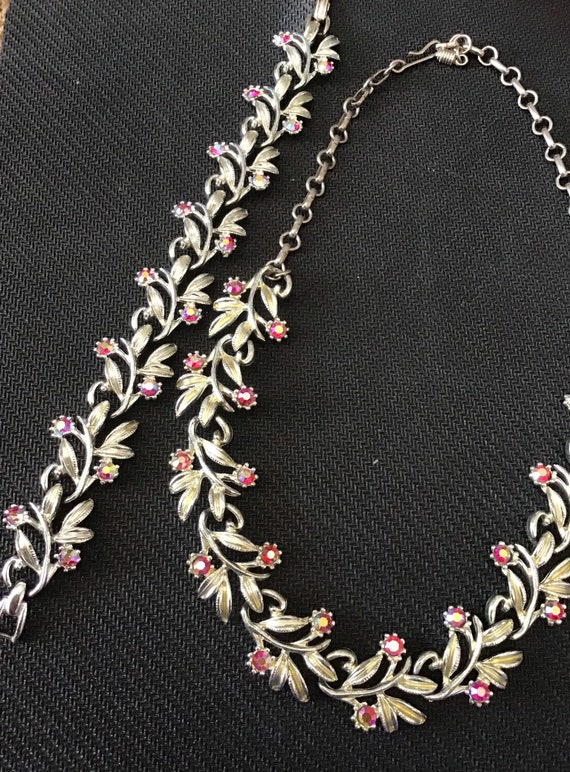 Vintage silver necklace and bracelet with pink AB… - image 2