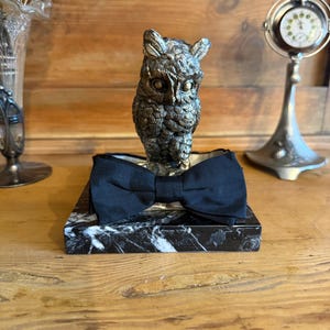 Könnte beinhalten: Eine bronzene Eulenfigur mit detaillierten Federstrukturen sitzt auf einer schwarz-weißen Marmorbox. Eine schwarze Fliege liegt auf der Box. Eine Vintage-Taschenuhr und eine Vase mit Trockenblumen befinden sich im Hintergrund.