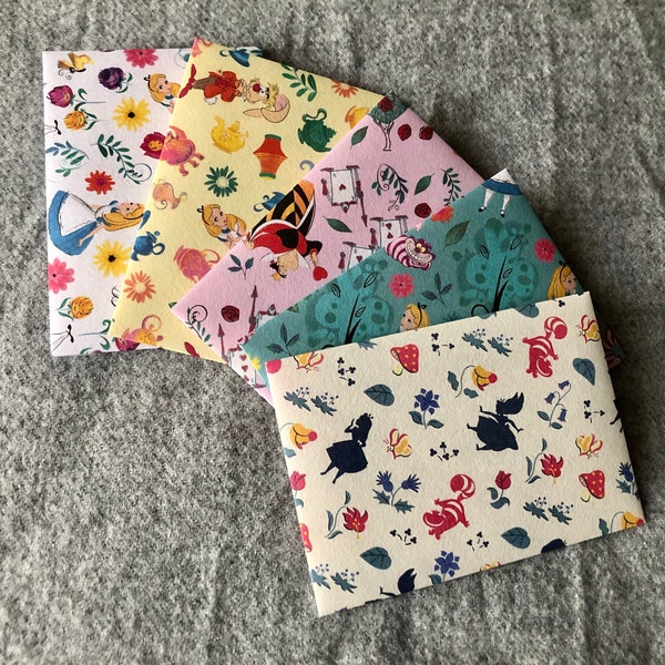 Delightful Alice in Wonderland inspired patterned mini envelopes | handmade | snail mail | gift card holder | pack of 5