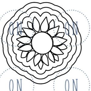 May include: Black and white line art of a sunflower design. The sunflower has a central circle surrounded by petals and multiple concentric scalloped rings. The word "ON" is partially visible in a dotted circle.