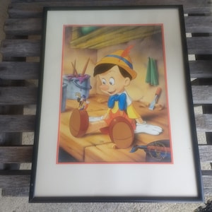 Pinocchio and Jiminy Cricket Lithograph Art Print Retro Vintage Disney Store  Memorabilia Souvenir Framed 12"x16" Matted 9"x12" Year 1993