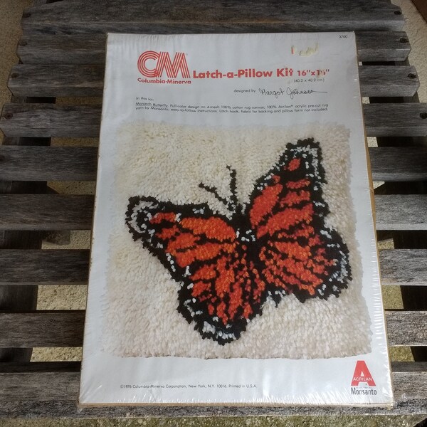 Vintage Monarch Butterfly Latch A Pillow Kit New In Box Size 16" x 16" Year 1976 Made in USA