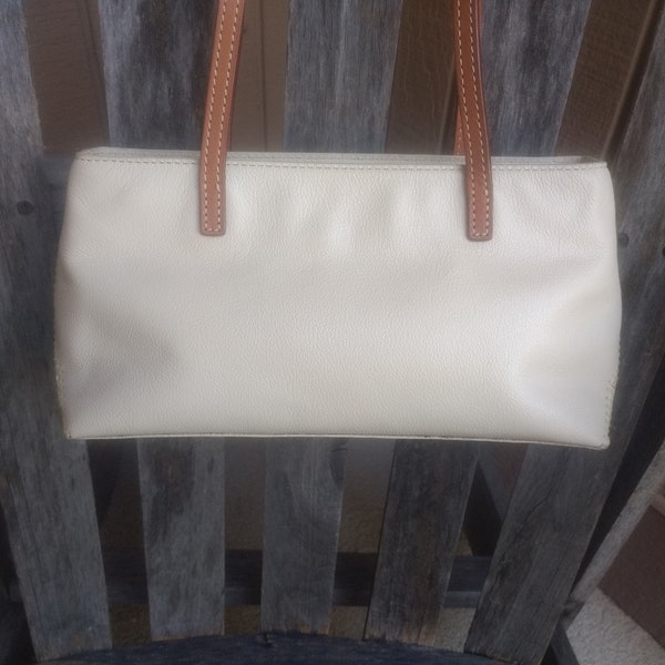 Vintage Ann Taylor Beige Leather Top Handle Bag with Brown Handle Genuine Leather Handbag