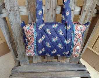 Vera Bradley Indiana Navy Blue Shoulder Bag Retro Vintage Handbag Purse Retired Pattern Navy 100% Cotton Made in USA