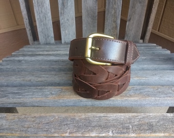 Vintage Brown Genuine Leather Braided Belt Length 39&quot; to 42&quot; Made in Mexico