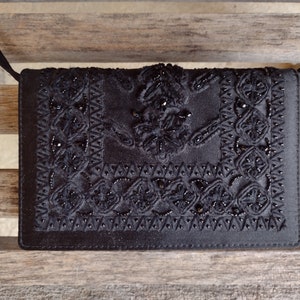 Oscar de la Renta Bolso de hombro satinado con cuentas negras o embrague Retro Vintage bolso de diseñador italiano hecho en Italia
