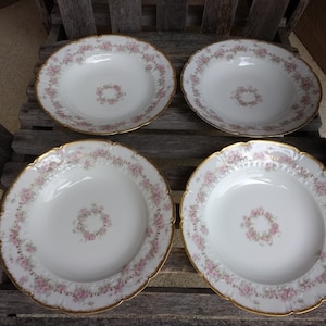 Antique GDA France Limoges Gerard Dufraisseix and Abbot Salad Soup Fruit Bowls Pink Flowers with Gold Trim Set of 4 Made in France