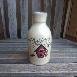 Vintage Casey Pottery Vase Beige with Bird and Birdhouse Home Decor Height 6 1/2&quot; Made in Marshall TX, USA