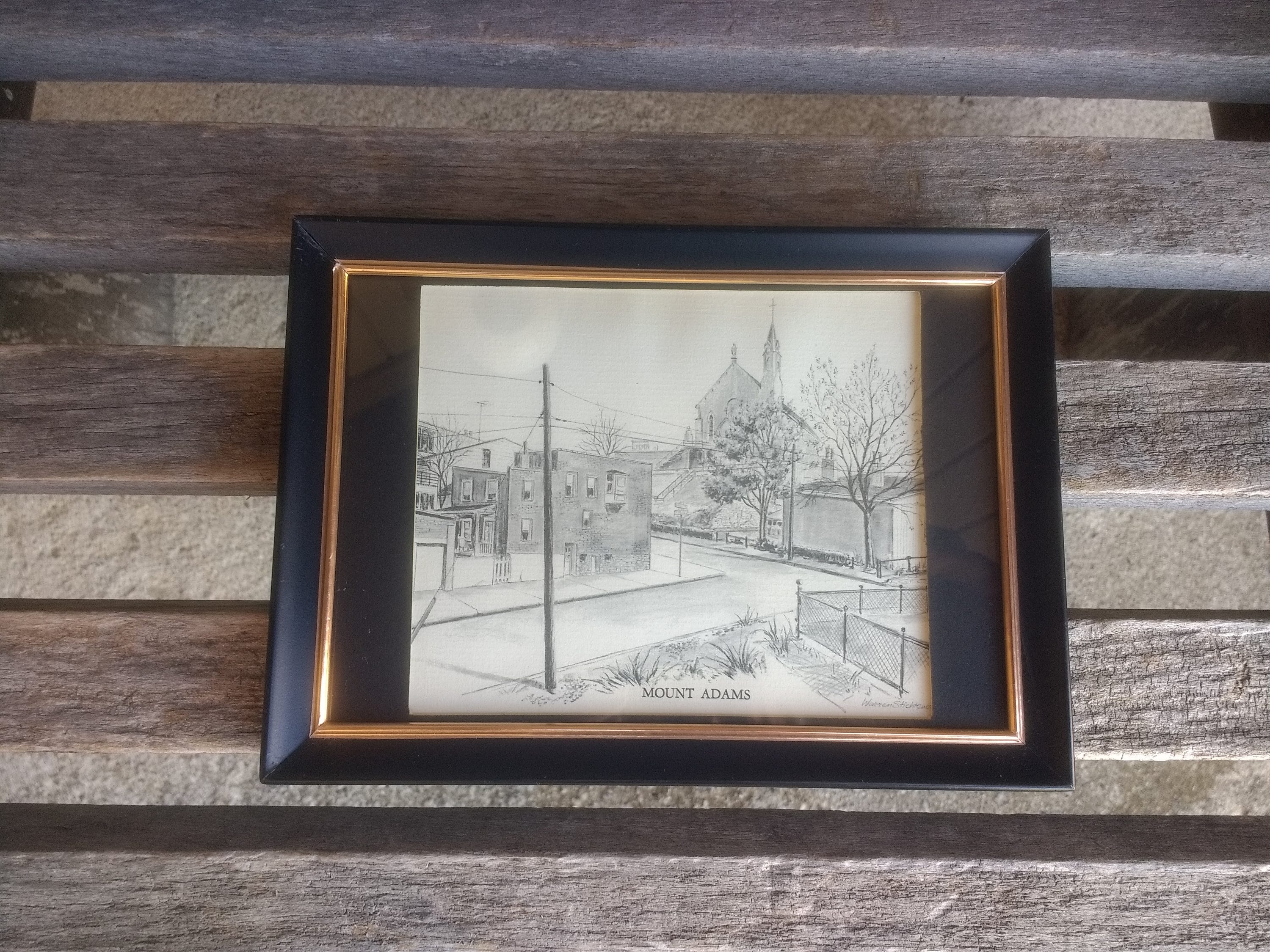 Impressão artística vintage Mount Adams em preto e branco Cincinnati Ohio Decoração de casa emoldurada e fosca ano 1970
