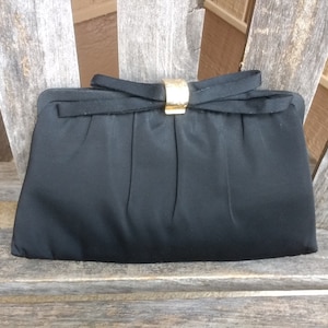 Vintage After Five L and M Black Clutch Top Handle Satin Bag with Bow and Kiss Lock Made in USA