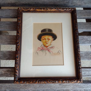 Original akvarellkonst av liten pojke med hatt Retro vintage heminredningskonstnär okänd träram storlek 23x28 cm Konststorlek 10,5 x 16,5 cm